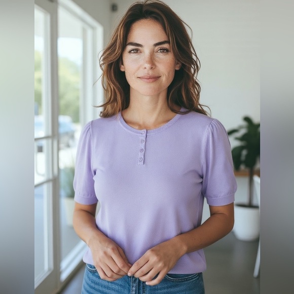 Isaac Mizrahi Live! Lavender Henley Top 1X Puff Sleeve Knit Short Sleeve - Picture 2 of 7
